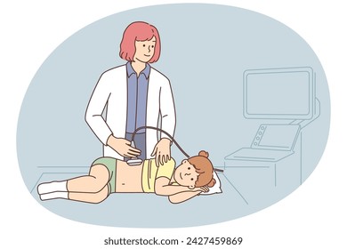 Female doctor doing ultrasound to girl child in hospital. Woman GP examine kid in clinic. Children checkup or examination. Vector illustration.