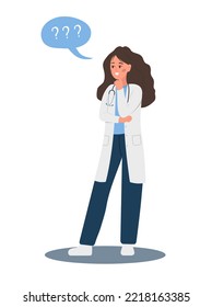 Female doctor in doubt. Thinking woman in uniform with question mark. Searching for trouble solution. Vector illustration in flat cartoon style.