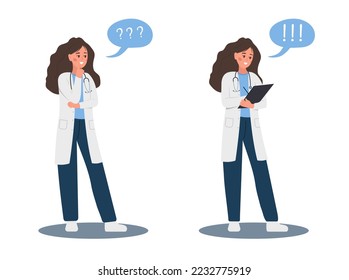 Médica en duda. Pensar en la mujer con uniforme y signo de interrogación. Búsqueda de ideas y solución al problema. Ilustración vectorial al estilo de las caricaturas planas.