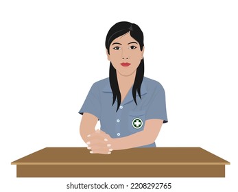 Female doctor dressed in blue and white on a white background.