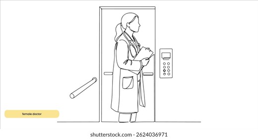 female doctor in the elevator continuous single line art drawing sketch on white background