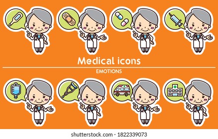 Female doctor emotion set . Medical icon speech bubble illustrations.