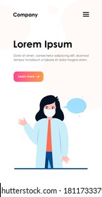 Médica femenina y burbuja de habla vacía. Máscara, enfermera, recomendación de ilustración vectorial plana. Comunicación y concepto de mensaje para banner, diseño de sitio web o página web de aterrizaje