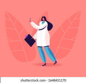 Female Doctor Endocrinologist in Medical Robe Holding Clipboard and Pen Stand in Clinic Chamber. Hospital Healthcare Staff at Work. Medicine Profession, Occupation. Cartoon Flat Vector Illustration