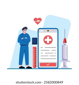 A female doctor examines medical charts alongside a syringe test tube and first aid kit Use for healthcare medical websites or brochures