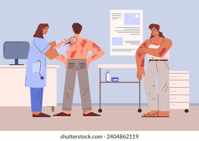 Female doctor examines patients with psoriasis. Vector illustration in cartoon flat style. Skin diseases and sick people. Woman dermatologist. Medical diagnostics and treatment of allergic.