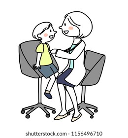 Female doctor examining child patient with stethoscope. Doctor listening heartbeat of little boy with stethoscope in her clinic. Little boy visiting doctor's office. Pediatrician with kid patient.