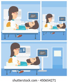 Female doctor examining internal organs of a male patient on the modern ultrasound equipment at medical office. Vector flat design Illustration. Square, horizontal, vertical layouts.