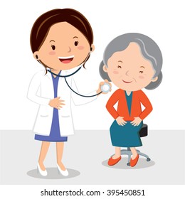 Female doctor examining patient. Vector illustration of a cheerful female doctor examining senior woman.