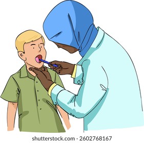 Female doctor examining throat of patient boy. Vector illustration.
