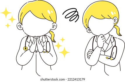 A female doctor with an excited expression and a troubled expression illustration set
