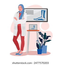 female doctor explain foot ankle bones anatomy in flat illustration