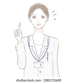 Female doctor explaining while pointing her finger. On white background.