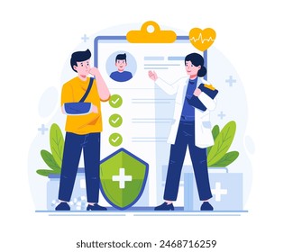 A Female Doctor Explains List Insurance Coverage on a Huge Clipboard to an Injured Man With a Hand Bandage. Health Insurance Concept Illustration