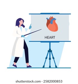 A female doctor explains lung anatomy using a flip chart. Perfect for medical education materials and presentations.