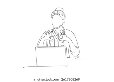 Female doctor explains patient's illness online with hand gestures. Telehealth concept one-line drawing