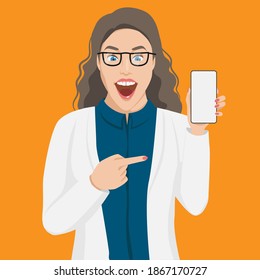 A female doctor in eyewear smiling showing a smartphone. Woman, physician or nurse, pointing at her phone. Friendly female character. Modern vector illustration. 