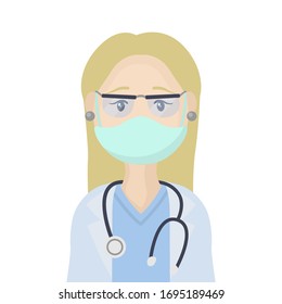 Médica con mascarilla. Ilustración plana del doctor. Vector.