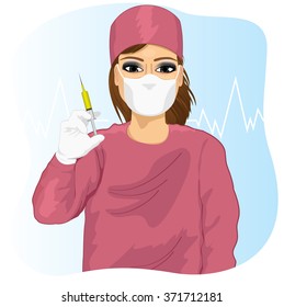 Female doctor in face mask holding a syringe