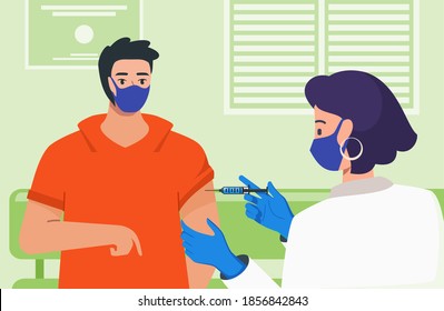 Female Doctor with Face Mask Injecting Vaccine to a Man in Clinic, Hospital or Public Medical Service. People Vaccination for Herd Immunity & Illness Prevention Concept. Healthcare Flat Design Style