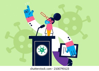 Female doctor in facemask stand at tribune speak present on virus or vaccination. Woman virologist make presentation for audience on covid-19 corona virus. Healthcare, medicine. Vector illustration. 