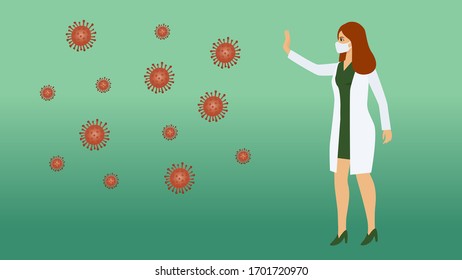 Female doctor fight coronavirus. Stop coronavirus. Woman in mask and coat stop disease. Covid-19 outbreak. Virus preventions, protection and health care concept. Doctor is hero