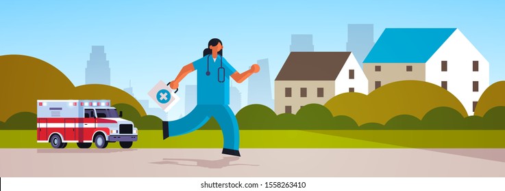 female doctor with first aid kit running to help patient medicine healthcare emergency concept ambulance car cottage houses landscape backgrund full length flat horizontal vector illustration