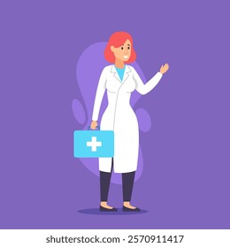 Female doctor with first aid kit vector illustration. Cartoon character ready to administer first aid. Medicine, help, occupation, treatment and healthcare concept