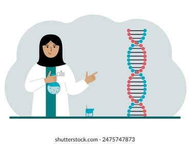Female doctor with flasks near the dna chain. The concept of treating a new coronavirus, virus, pcr or disease. Vector flat illustration