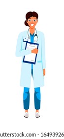 Weibliche Ärztin mit Vektorillustration. Dunkle Hautschwester, medic auf weißem Hintergrund. Therapeut, Arzt, Spezialist für einzelne Clipkunst. Krankenhaus, medizinischer Klinikarbeiter, der eine Patientenkarte und ein Stethoskop hält