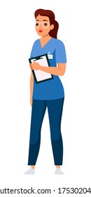 Médico femenino con carácter vectorial plano. Enfermera, médico de fondo blanco. Terapista, médico, especialista en clipart aislado. Hospital, trabajador de la clínica médica con tarjeta de paciente