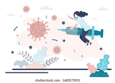 Female doctor is flying on syringe with vaccine. Medical worker in uniform stops spread of coronavirus and disease. Vaccine search. Health care concept. Global pandemic Covid-19. Vector illustration