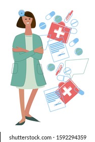 Female doctor with forehead mirror and collage of medicines, medical prescriptions and thermometers. Primary care, therapeutic concept. Isolated on white background