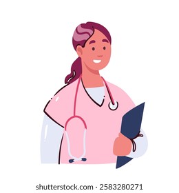 Female doctor general practitioner cartoon avatar. Funny happy woman with pink uniform and stethoscope smiling. Cartoon cute doctor holding clipboard with medical document vector illustration