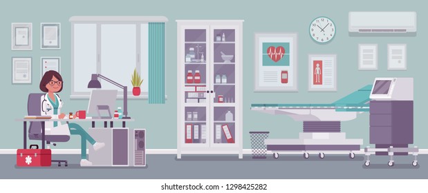 Female doctor in general practitioner office interior. Hospital examination room with medical facility, clinic practice to receive and treat patients. Medicine, healthcare concept. Vector illustration