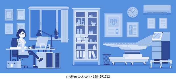 Female doctor in general practitioner office interior. Hospital examination room, medical facility, clinic practice to receive. Medicine, healthcare concept. Vector illustration, faceless characters