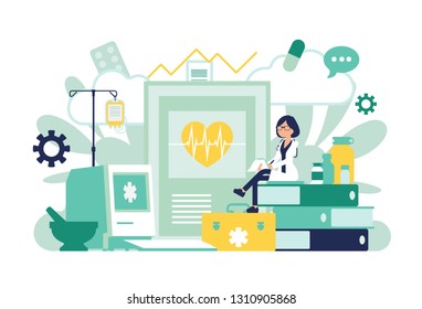 Female doctor, general practitioner working. Professional clinic and giant hospital equipment, files and examination paper. Medicine, healthcare concept. Vector illustration with faceless characters