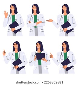 Female doctor gesturing. Shows with hand, folded hands, thumbs up, instructs, greets, makes notes on clipboard. Portrait of a woman in a white coat and with a stethoscope and a clipboard. Flat vector 