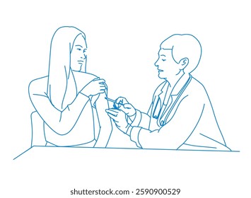 female doctor, giving an flu vaccine to a female patient
