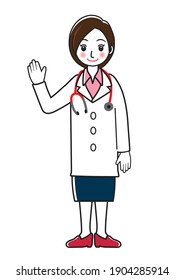 Female Doctor Giving A Greeting Simple Line Art Illustration Of A Female Doctor, Full Body White Coat Skirt