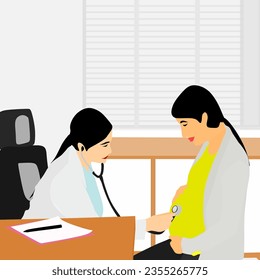 Female Doctor giving health check to pregnant woman using a stethoscope.

