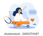 Female doctor giving online consultation vector illustration. Computer, pills, stethoscope, medicine, heart rate. Telemedicine consultation, modern technology in medicine concept