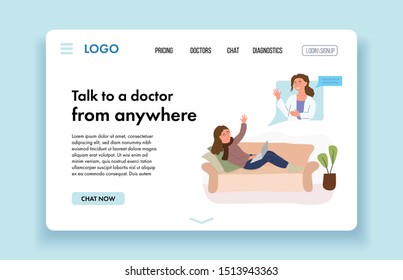 Female doctor giving online consultation to patient. Virtual Doctor Consultation and Diagnosis. VR Medicine. Digital healthcare. Website banner template. Vector cartoon design illustration.