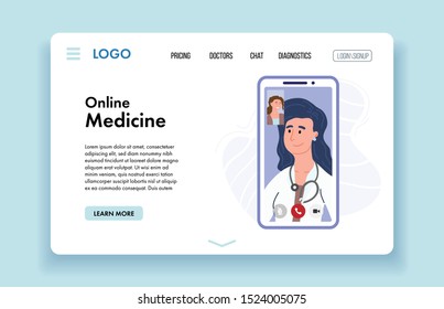 Female doctor giving online consultation to patient, video chat. Virtual Doctor Consultation and Diagnosis. VR Medicine. Digital healthcare. Website banner template. Vector cartoon design illustration