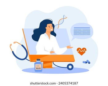 Médica que ofrece una consulta en línea ilustrando el vector. Computadora, píldoras, estetoscopio, medicina, frecuencia cardíaca. Consulta de telemedicina, tecnología moderna en el concepto de medicina