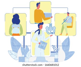 Female Doctor Giving Online Medical Presentation Cartoon. Specialist On Screen Talking About Spine Pain In Lower Back And Pelvic Causes. Correct Body Postures Advices. Vector Flat Illustration