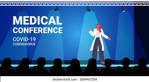 Female Doctor Giving Speech On Medical Conference Coronavirus Pandemic Medicine Healthcare Concept Lecture Hall Interior Horizontal Vector Illustration