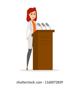 Female doctor giving a speech through the micrphone from the tribune. Medical conference. Isolated flat vector illustration