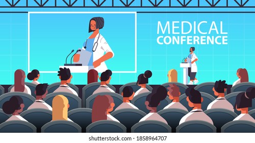 female doctor giving speech at tribune with microphone medical conference medicine healthcare concept lecture hall interior horizontal vector illustration