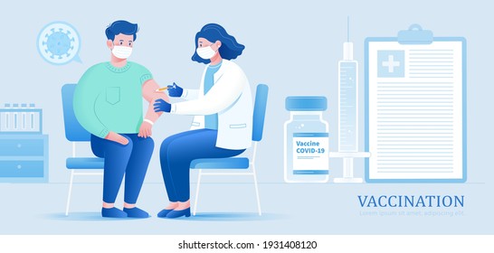 Female doctor giving a vaccine injection to male patient in the hospital. Concept of vaccination against COVID 19.